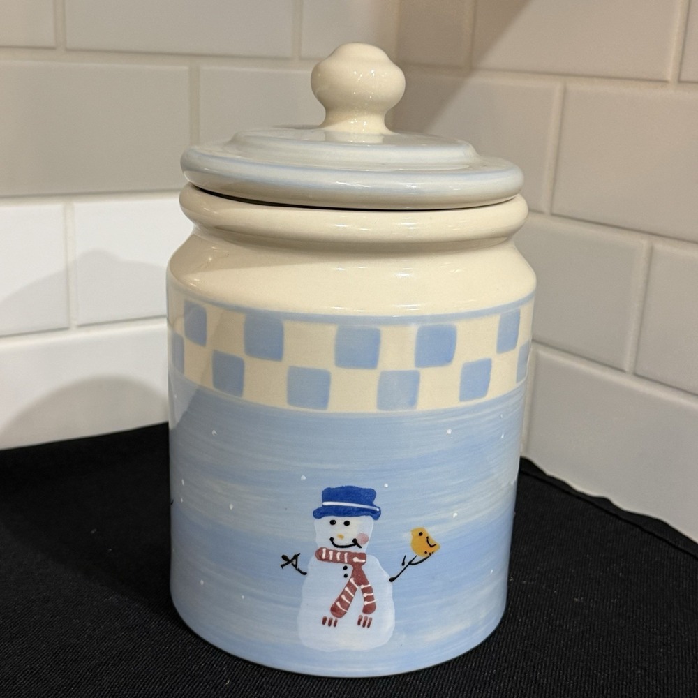 Crate & Barrel Snow People Cookie Jar Christmas Baseball Snowman Canister USA
